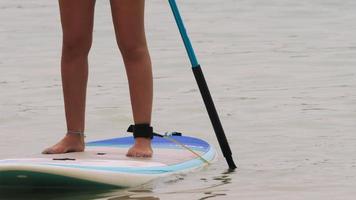 garota de biquíni, flutua no mar na prancha de remo em câmera lenta. estilo de vida esportivo no verão. atividade de lazer na água. fitness, ioga e relaxamento a bordo de sup. video