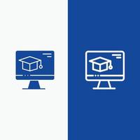 Computer Cap Education Graduation Line and Glyph Solid icon Blue banner Line and Glyph Solid icon Bl vector