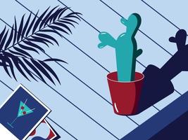 Midcentury retro art illustration. Cactus on a table with photos. Vector illustration