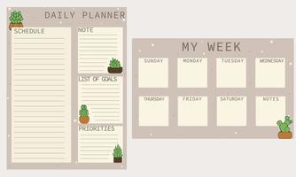 Daily planner in beige, brown. Schedule, notes, goal list, priorities. My week. vector