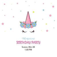 invitación de unicornio para una fiesta de cumpleaños mágica en un fondo blanco vector