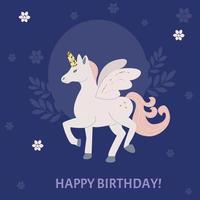 tarjeta de cumpleaños de unicornio con fondo oscuro vector