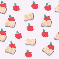 Seamless back to school pattern with an open book and an apple. Vector illustration