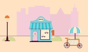 tienda de cosméticos en la ciudad en rosa y azul. tienda helado compras rosa azul vector