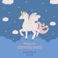 Birthday party invitation with unicorn on blue background vector