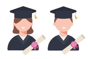 A student smiles on graduation day with his diploma. Man and woman in flat style. Vector illustration.