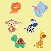Animal stickers. Animal set. Children's animals. Lion, elephant, monkey, zebra, turtle and giraffe. Stickers for children. vector
