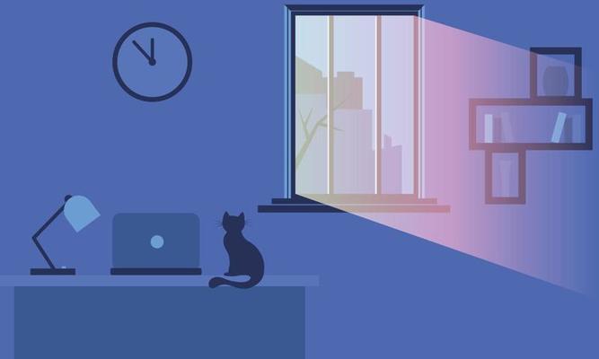 Night window ray of light with a cat sitting on the table with a laptop.