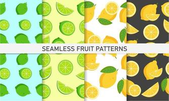 A set of seamless lemon and lime patterns. Fruit vector