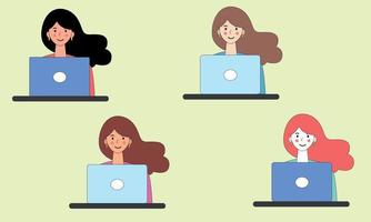 Online work, online learning. Woman, brunette, brown-haired, redhead girl sitting at her laptop.  Set of avatars. vector