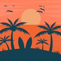 Summer travel background. Sunset sunset with palm trees in shade and surfboards. Vector illustration.