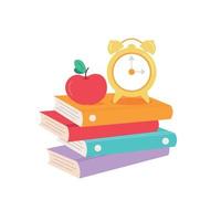 Books, apple, alarm clock. School design. Vector illustration on white background