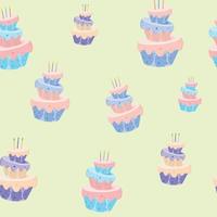 Seamless cake pattern three-layer cartoon cakes on yellow background vector