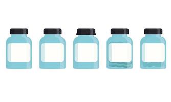 Set of medical blue bottles with label. Flat vector illustration