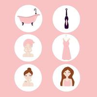 Icons. Avatars. Infographics. Morning routine. Bath. A girl getting cleaned up. Clothes. Toothbrush. vector