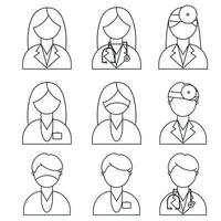 un conjunto de diferentes médicos en uniforme. hombre, mujer de estilo plano. línea de estilo medicina vector