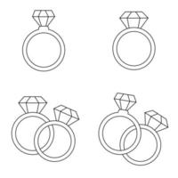 Set of vector cute line style engagement rings. Colored isolated ring on white background