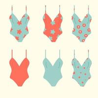 Women's swimsuits in different colors and patterns. Isolated on the background. Vector illustration.