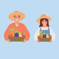 Couple of man and woman farmers with harvest.  Vector illustration