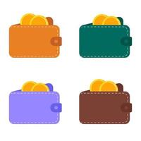 Leather wallet with coins. Isolated on white background. Vector illustration.