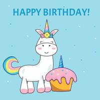 tarjeta de cumpleaños con unicornio y cupcake vector