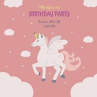 invitación de fiesta de cumpleaños con unicornio sobre fondo de melocotón vector