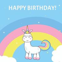 tarjeta de cumpleaños con unicornio en un fondo de arco iris vector