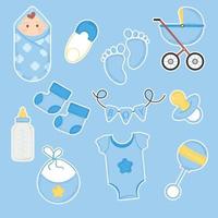 Set of baby shower stickers for a boy. Vector illustration