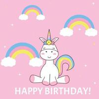 tarjeta de cumpleaños de unicornio en un fondo rosa con arco iris y nubes vector