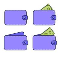 Set of leather open wallets and closed wallets with money. Isolated on white background. Vector illustration.