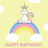 Unicorn birthday card with yellow background. Unicorn sitting on a rainbow vector