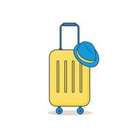 Yellow suitcase with a hat.  Travel luggage. Isolated on white background. Vector illustration.