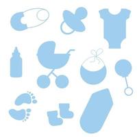 Set of blue elements silhouettes for baby shower for a boy. Vector illustration