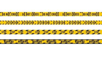 A set of construction and anti-crime warning tapes. Don't cross the road, attention, stop, warning. Vector illustration on white background.