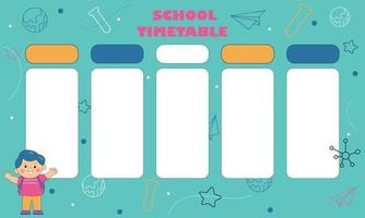 School timetable on blue background with school items and a boy. vector