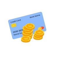 A credit card with a handful of pound coins. Credit card payment, business concept. Vector flat illustration.