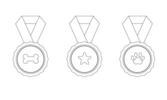 Set of ribbon badges bone, star, paw in line style. vector