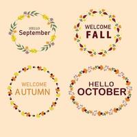 A set of autumn frames in round shape with leaves, flowers and mushrooms in yellow, green, bard color. Hello September, October. Welcome autumn, fall. vector