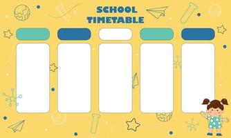 horario escolar sobre fondo amarillo con artículos escolares y una niña. vector