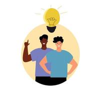 A black guy, a white guy, a man came up with an idea. Lightbulb. Brainstorm. Business. vector