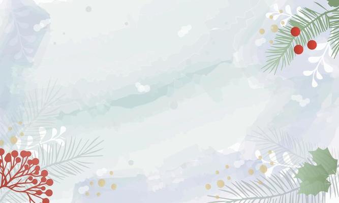 Winter background vector. Watercolor and texture brush, Flower and botanical leaves, fir tree branches, snowberry.