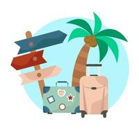 Summer travel. Set with suitcase, pointer and palm tree. Vector illustration.