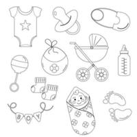 Set of elements outline for baby shower for a boy. Vector illustration