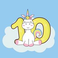 Postcard with a unicorn for 10 years vector