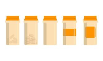 Set of medical orange bottles with label and pills. Flat illustration vector