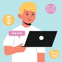 Marketing in social networks.  A guy, a blond man holding a laptop in white. vector