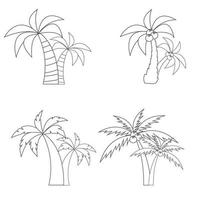 Set of different paired palm trees with coconuts in a line style. Isolated on a white background. Vector illustration.