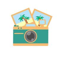 Photocamera with vacation photo with palm trees. Flat vector illustration of a camera. Isolated on white background.