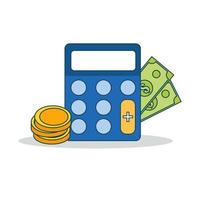 Electronic calculator with coins and money. Vector illustration