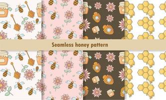 Seamless honey pattern with bees, flower, honeycomb, jar vector